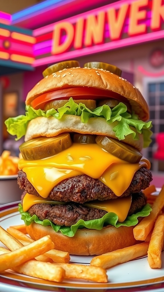 A juicy cheeseburger with melted cheese, lettuce, tomato, and pickles on a sesame seed bun, served with fries in a retro diner setting.